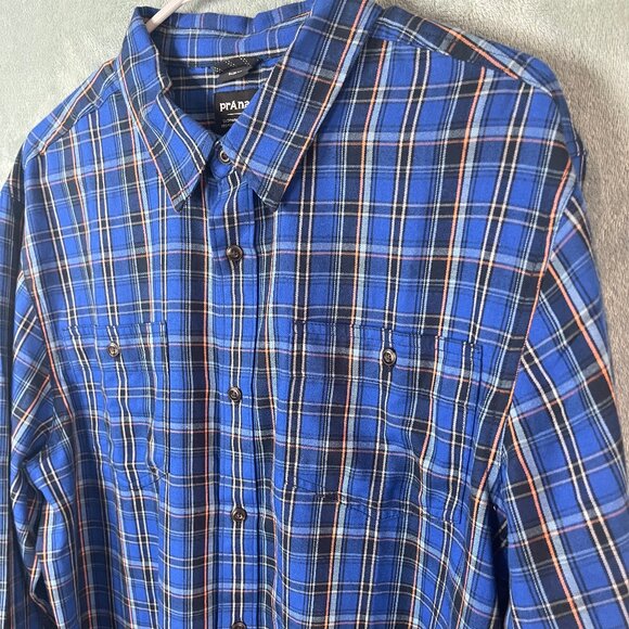 Prana Dolberg Flannel Shirt Mens L Blue Plaid Slim Fit Long Sleeve Button Up - Picture 4 of 15